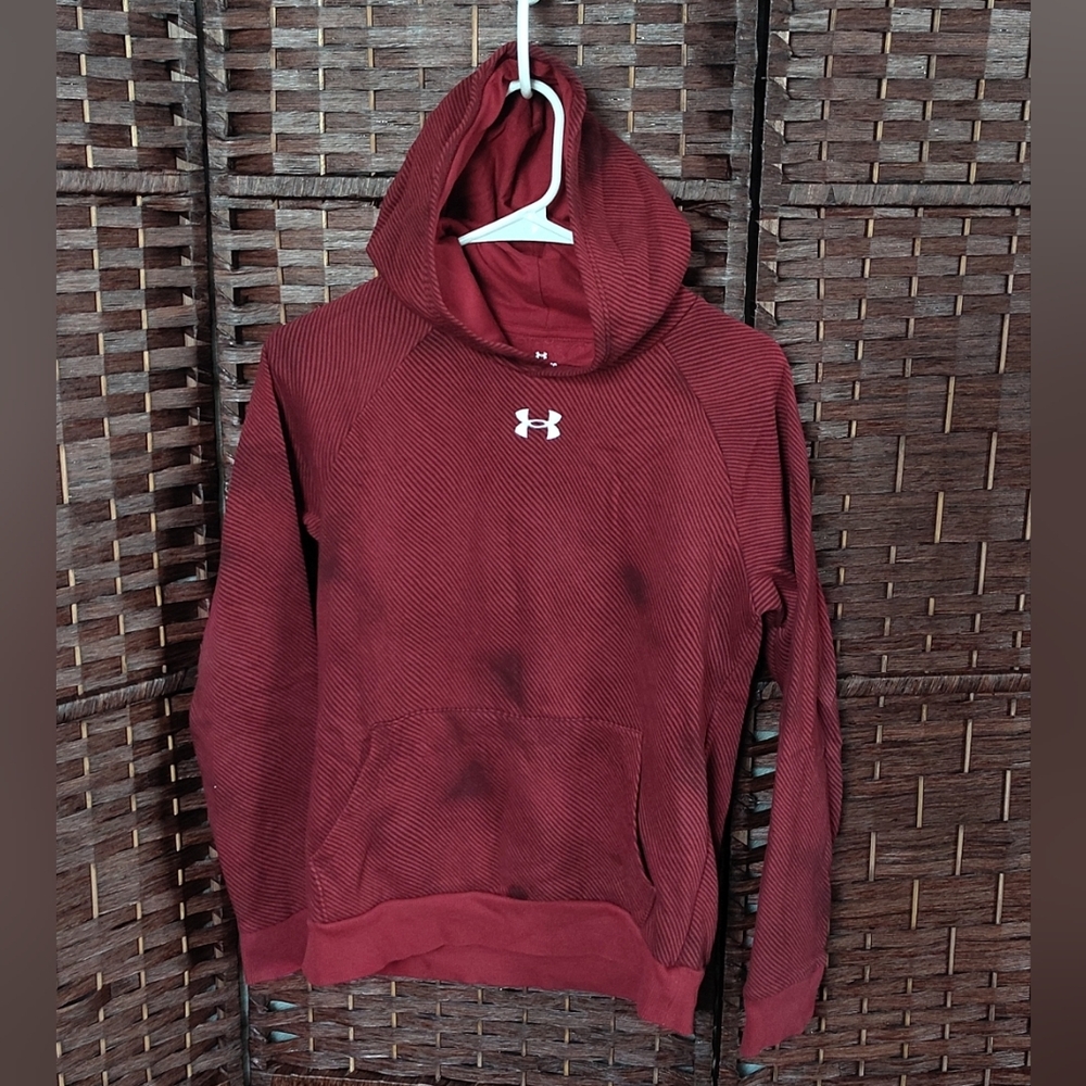 UNDER ARMOUR Boys UA Rival Fleece Youth Large Hoodie Red Maroon Striped Hoodie